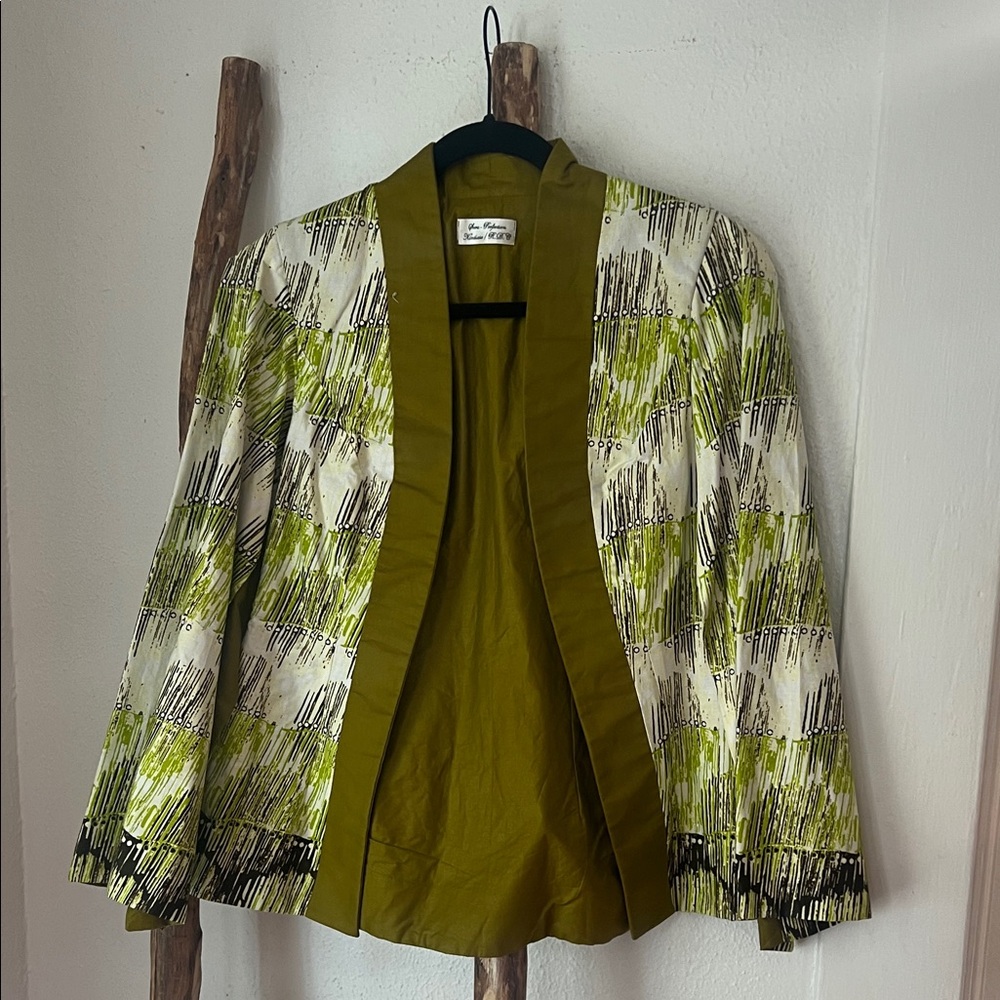 Vintage Hanmade Olive Green Ivory Printed Cotton Split Sleeve Blazer Jacket Sml